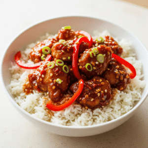 Golden crispy chicken tossed in a spicy, sweet firecracker sauce is served over fluffy rice and veggies.