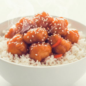 Golden fried chicken bites, tossed in a vibrant sweet and tangy sauce. Served over rice/pineapple and veggies.