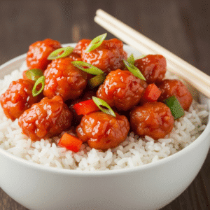 Golden crispy chicken tossed in a sweet and spicy General TSO sauce. Serve with rice and veggies.