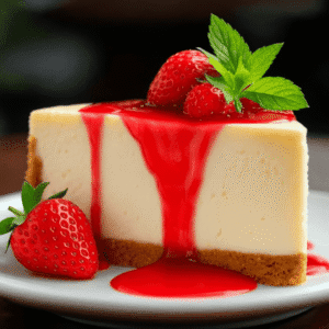 A single slice of strawberry cheesecake