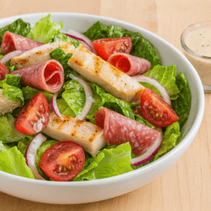 A salad with Romaine lettuce, grilled chicken breast, salami, tomato, and onion.