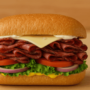 A sandwich with Pastrami, Swiss cheese, lettuce, tomato, onions, spicy mustard and mayonnaise.