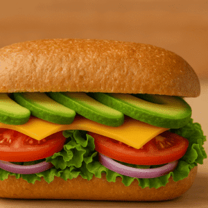 A sandwich with Fresh avocado, cheddar cheese, lettuce, tomato, onions, and Champa house dressing.