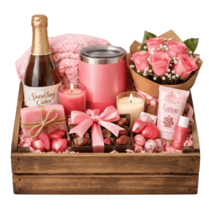 A luxury "For Her" Valentine's Day gift basket in a rustic dark wood crate, featuring a bottle of sparkling cider, a bouquet of pink roses, a pink insulated tumbler, and two glowing scented candles. The curated arrangement includes a box of gourmet chocolates with a pink bow, artisanal pink soap tied with twine, premium lotion, and heart-shaped chocolate truffles against a soft pink plush blanket background.