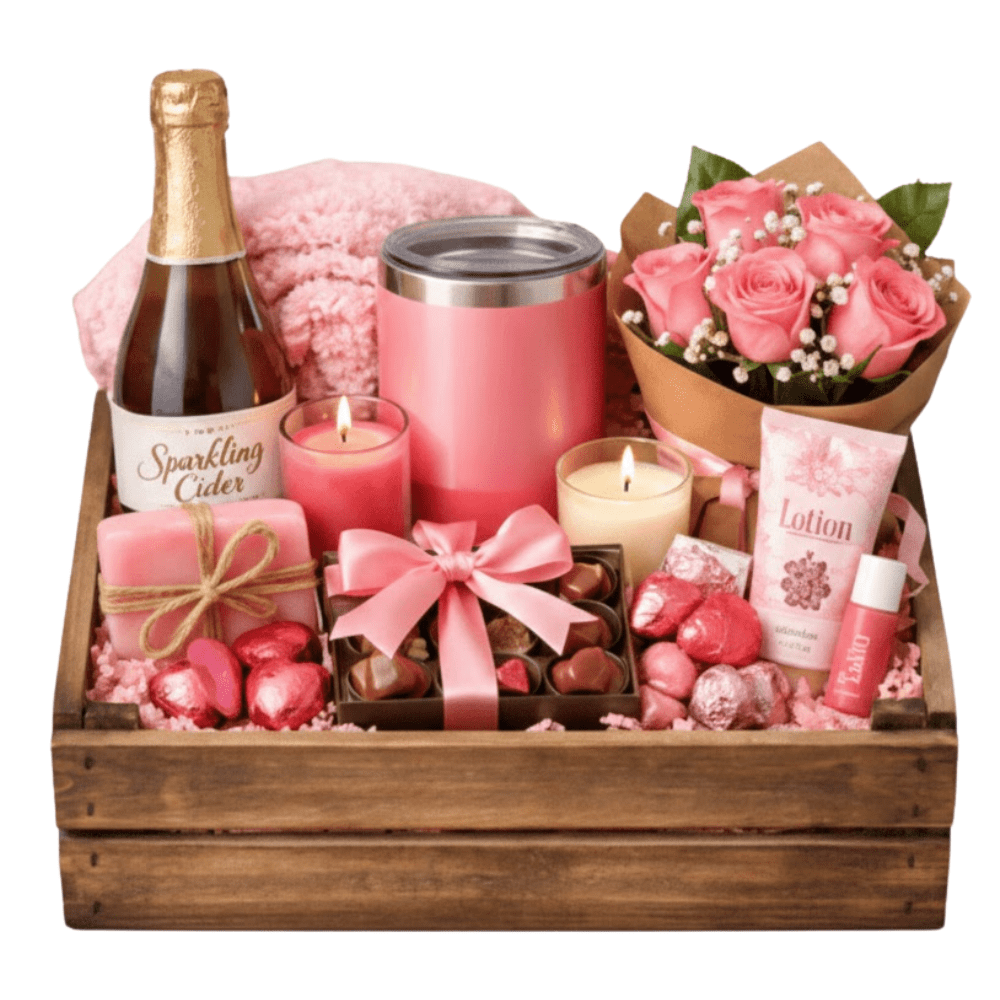A luxury "For Her" Valentine's Day gift basket in a rustic dark wood crate, featuring a bottle of sparkling cider, a bouquet of pink roses, a pink insulated tumbler, and two glowing scented candles. The curated arrangement includes a box of gourmet chocolates with a pink bow, artisanal pink soap tied with twine, premium lotion, and heart-shaped chocolate truffles against a soft pink plush blanket background.