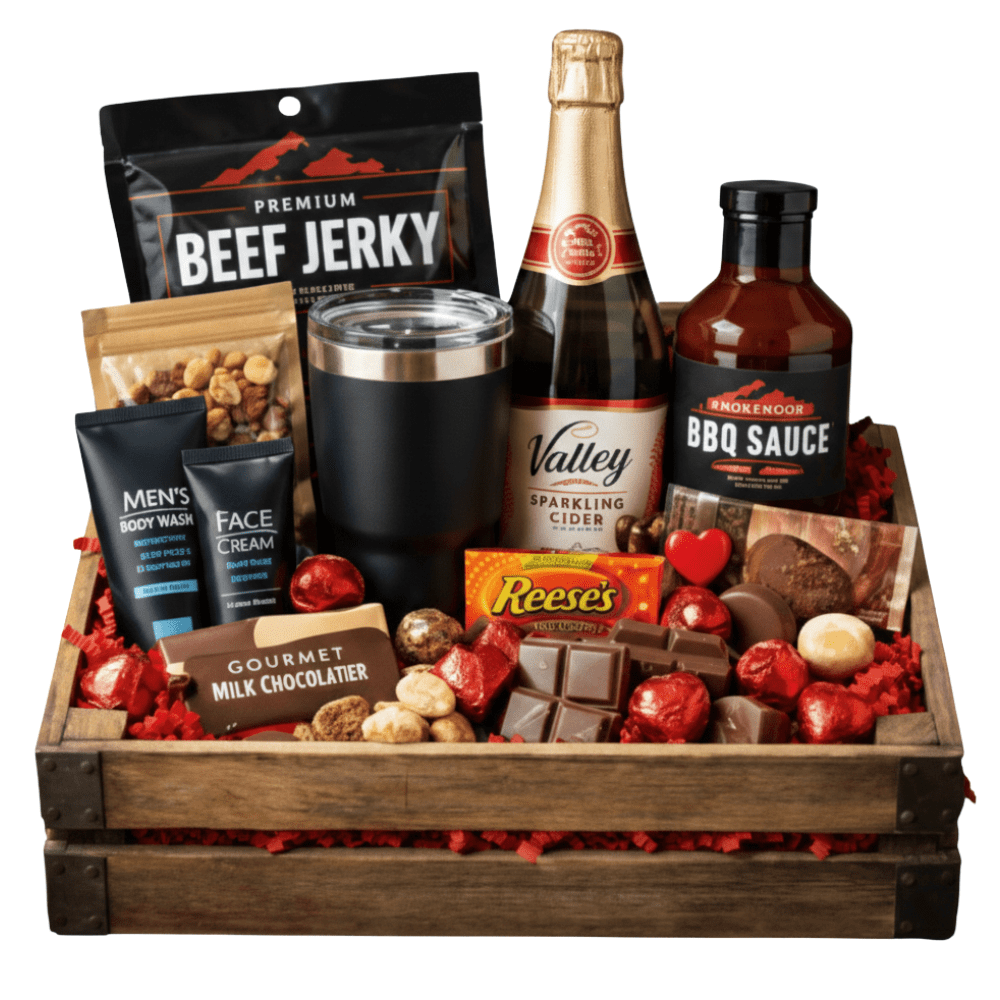 A professional high-resolution product photo of the 'For Him' Valentine’s Day gift basket by Champa Catering. The rustic wooden crate is filled with red paper shred and features a variety of premium items including beef jerky, a black insulated tumbler, sparkling cider, BBQ sauce, Reese’s chocolate, gourmet milk chocolate bars, and men’s personal care products like face cream and body wash.