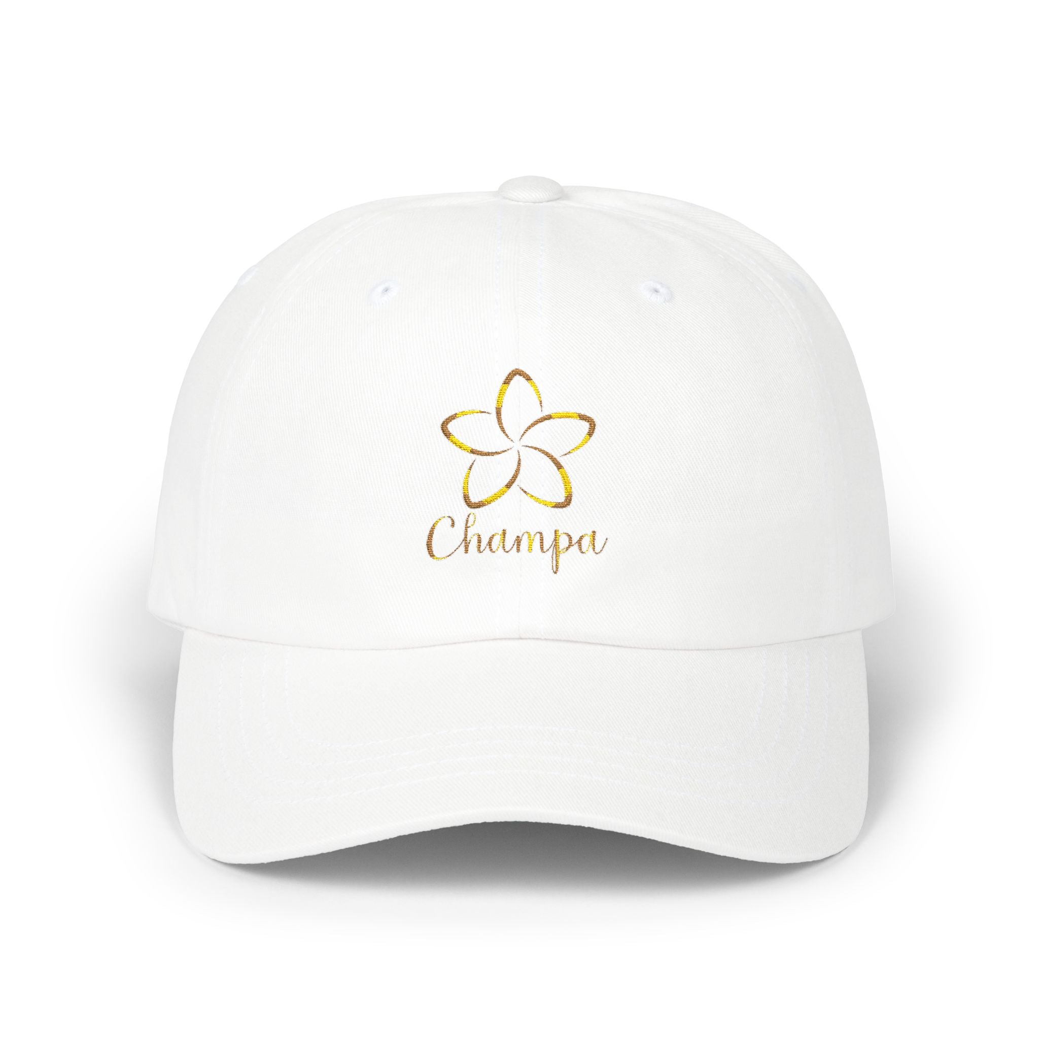 Classic Dad Cap — Gold Plumeria Floral Embroidered "Champai" Hat