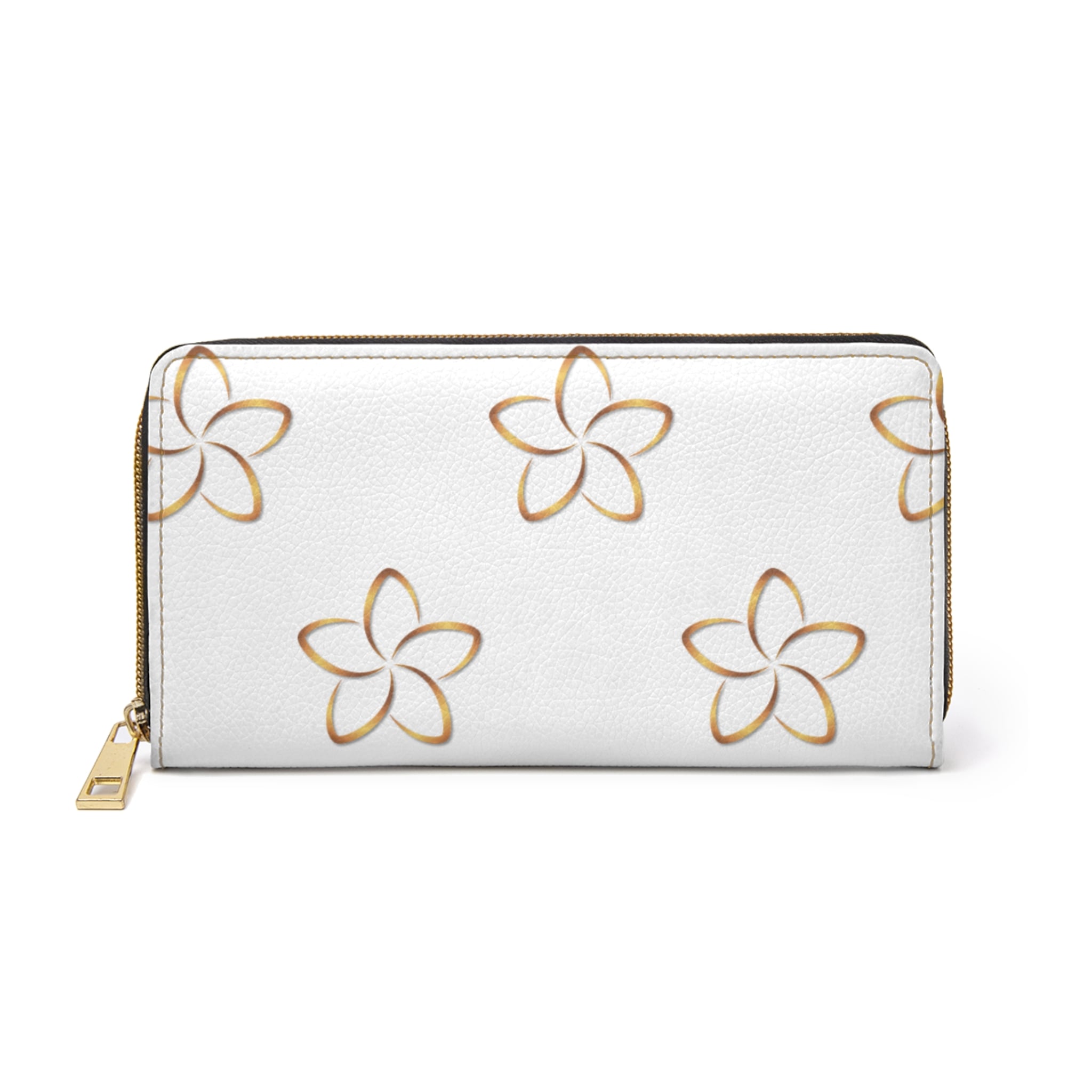 Plumeria Pattern Zipper Wallet — Floral White Long Wallet with Gold Accents - Image 2