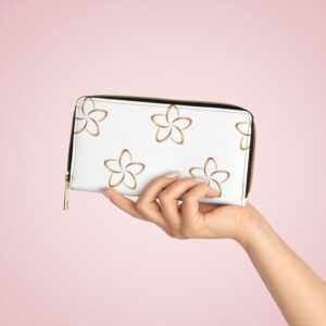 Plumeria Pattern Zipper Wallet — Floral White Long Wallet with Gold Accents