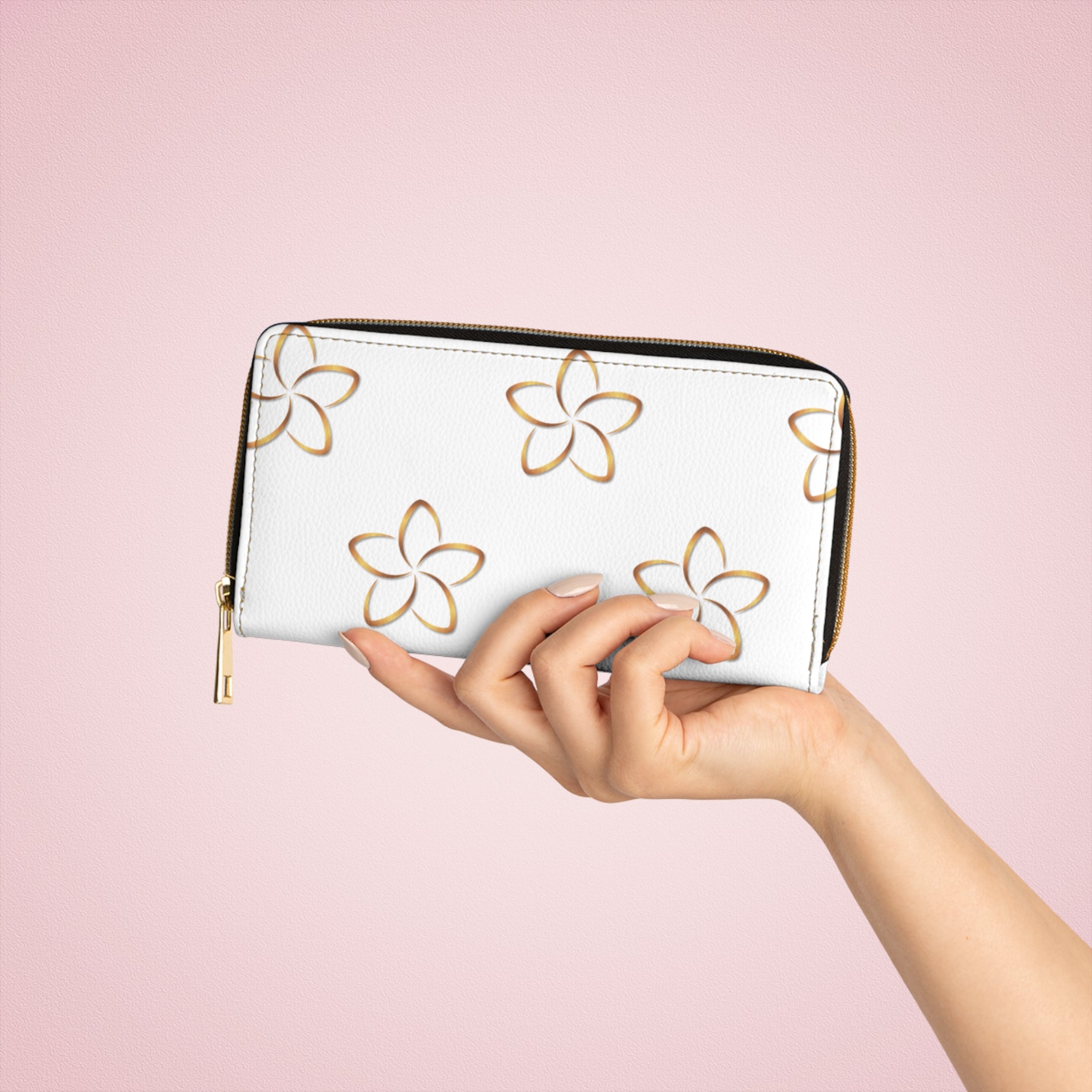 Plumeria Pattern Zipper Wallet — Floral White Long Wallet with Gold Accents