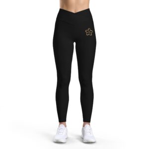 Black Luxe Leggings with Gold Floral Accent — Women’s High-Waist Activewear