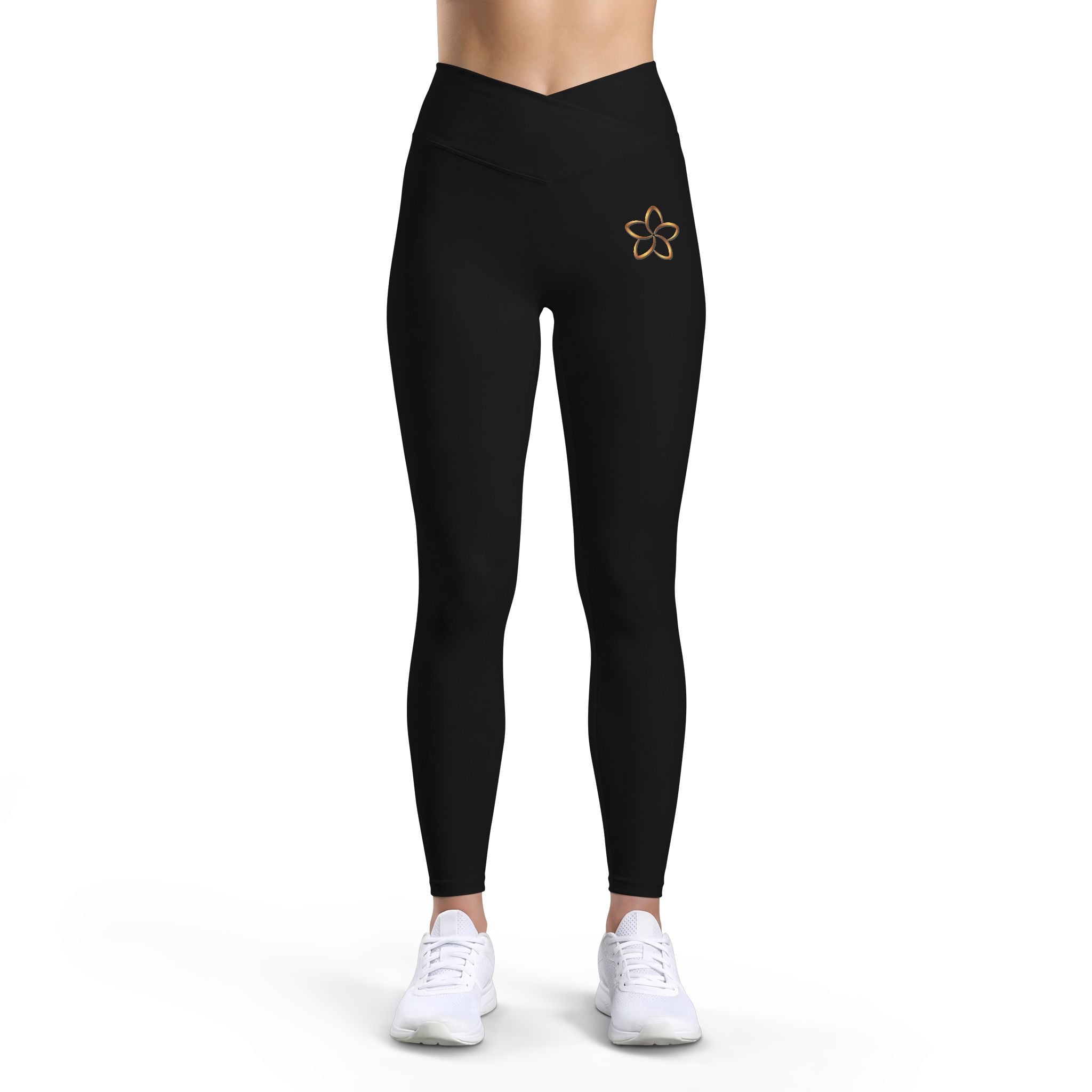 Black Luxe Leggings with Gold Floral Accent — Women’s High-Waist Activewear