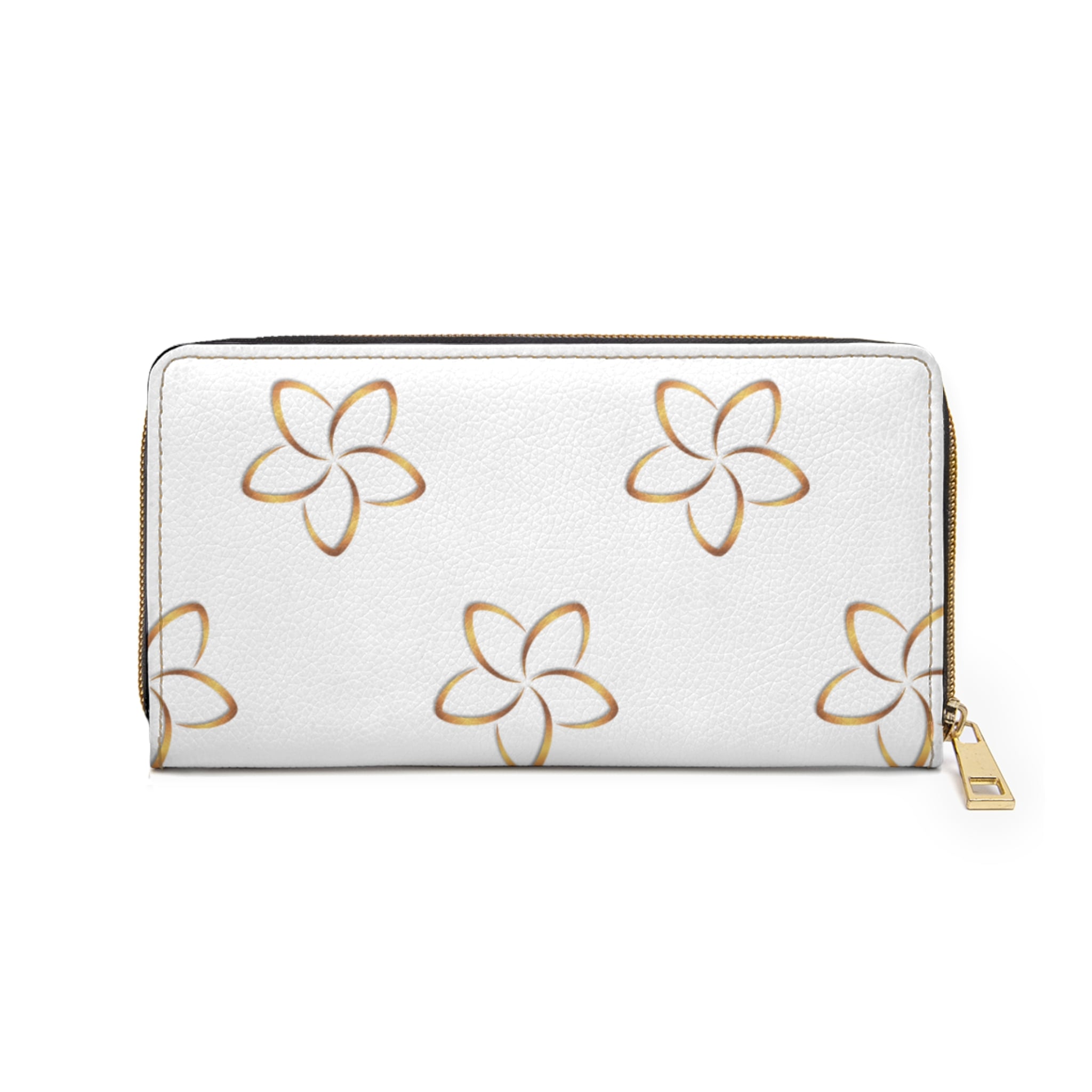 Plumeria Pattern Zipper Wallet — Floral White Long Wallet with Gold Accents - Image 3