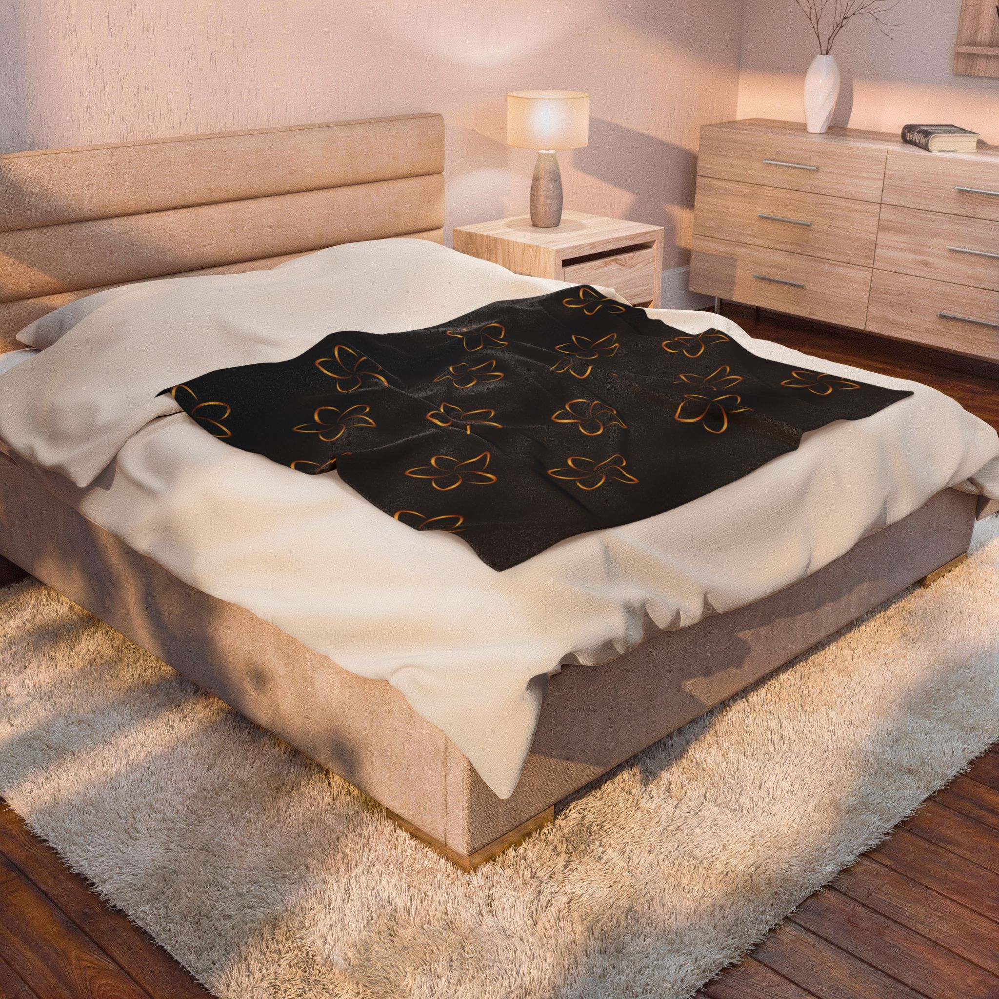 Velveteen Plush Blanket — Black Floral Outline Throw Blanket - Image 4
