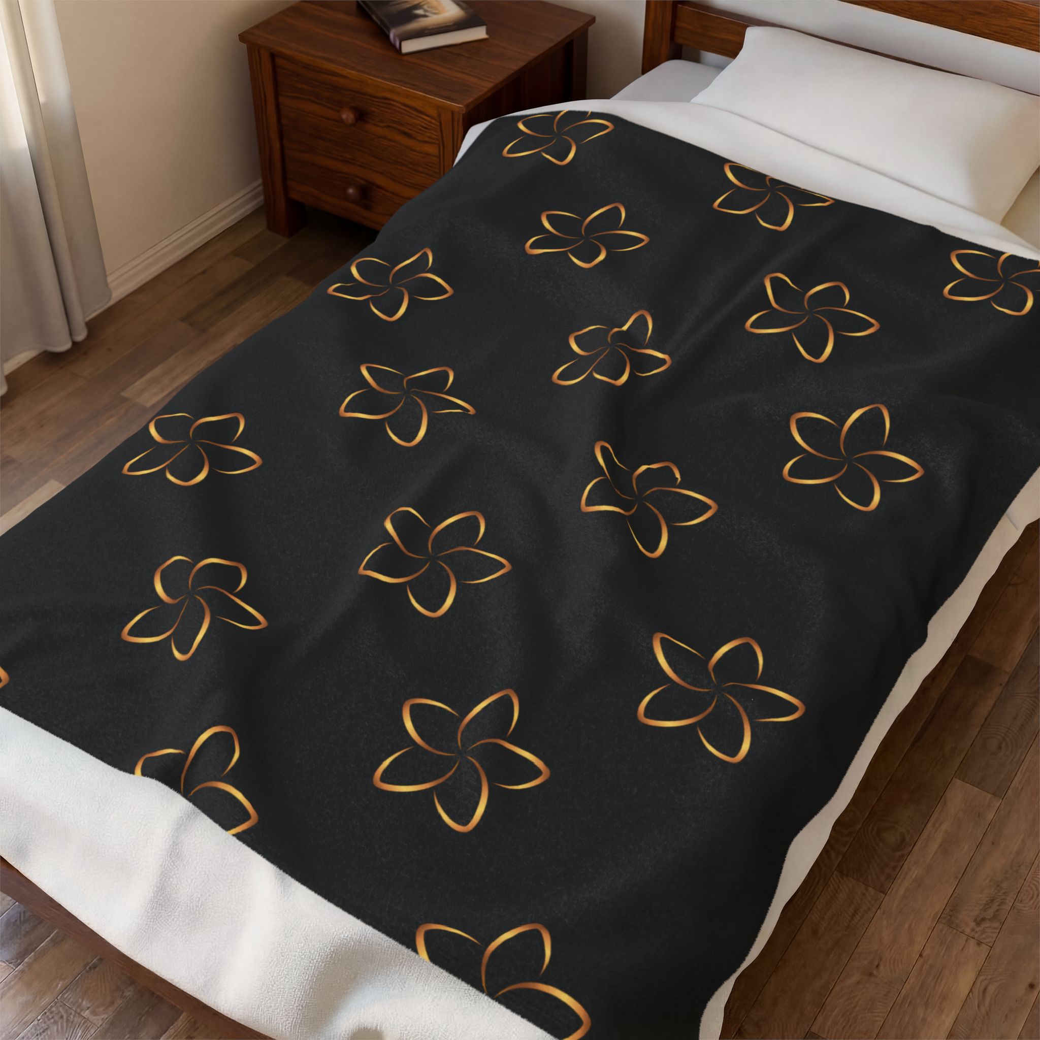 Velveteen Plush Blanket — Black Floral Outline Throw Blanket - Image 3